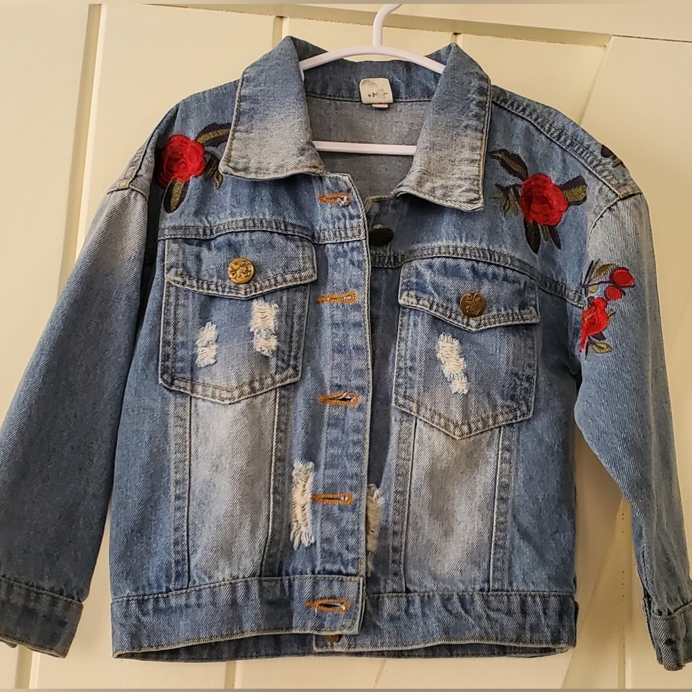Y.Y.J.Y Girls Size 6 Rose Distressed Denim Jacket VGUC